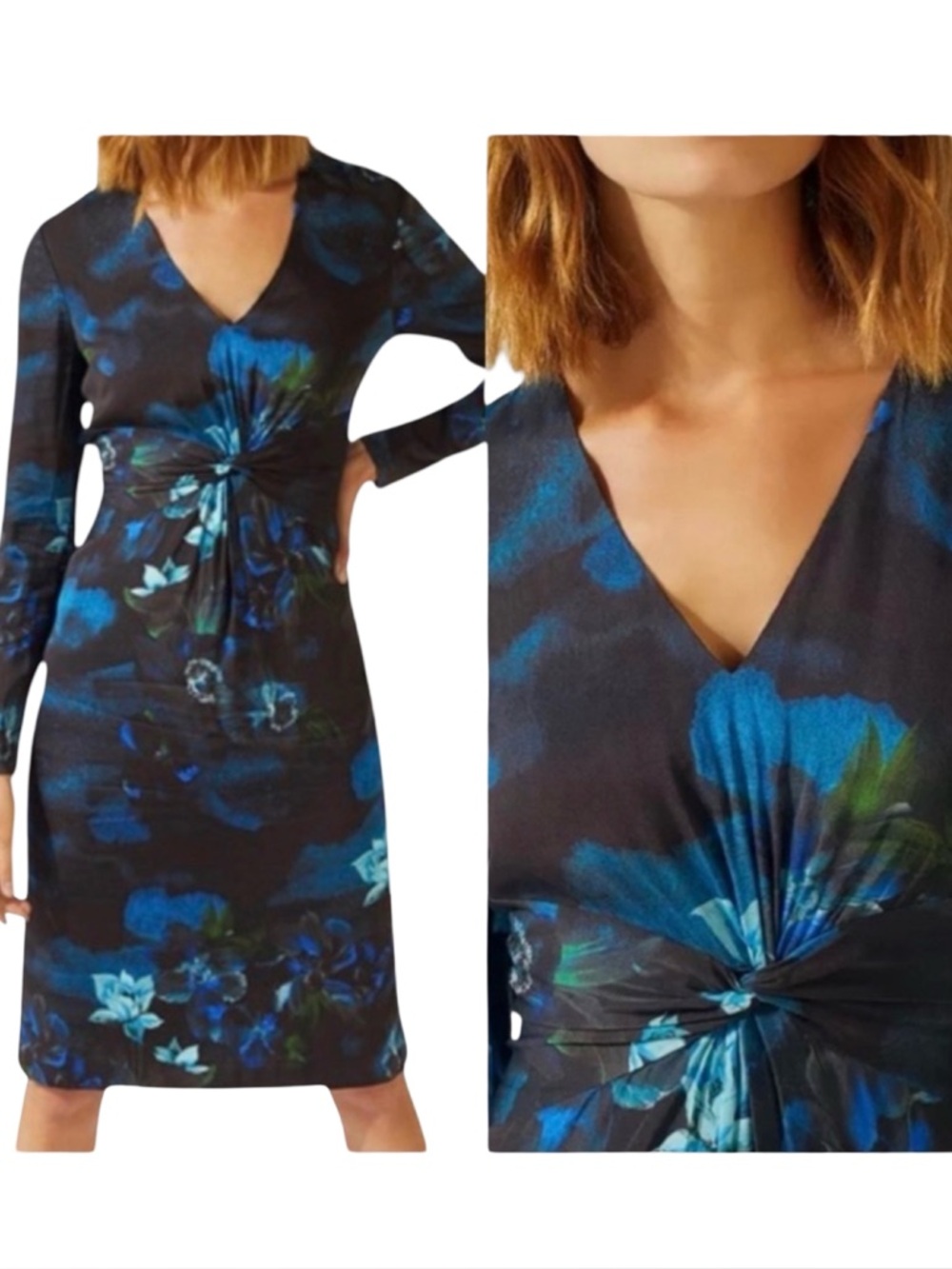 NWT JIGSAW LONDON Romantic Twist Front Navy Floral V-Neck Long Sleeve Midi Dress